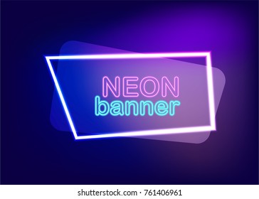 Label template fashion 80s-90s. Neon empty sale banner vector illustration. Electricity light text message frame. Dark blue colored blank mock up background. Glow festive modern flare shine.