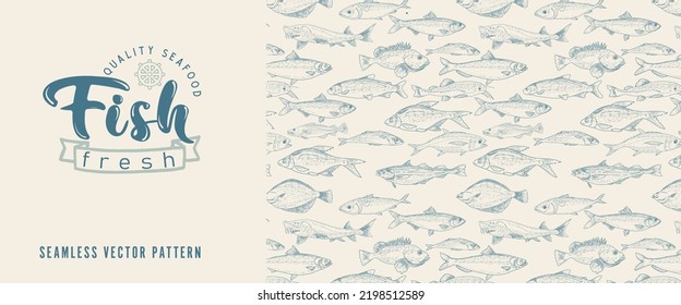 Label template for fish products. Layout for printing flyers, stickers, banners. Background of seamless pattern of sea and river fish. Vector vintage illustration.