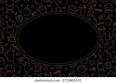Modelo de etiqueta, quadro com utensílios de café, café e potes de café em fundo preto, desenhado à mão.