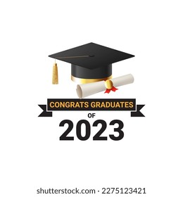 Label template for graduation 2023. Vector illustration with symbol for graduation 2023. Label class of 2023. Grad ceremony symbol with realistic mortar cap and scroll.