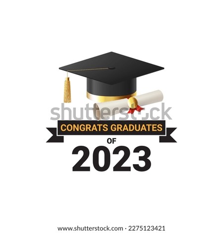 Label template for graduation 2023. Vector illustration with symbol for graduation 2023. Label class of 2023. Grad ceremony symbol with realistic mortar cap and scroll.