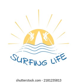 label template or logo for surfing life with text.Vector illustration of a seascape with a blue wave and palm trees with the sun