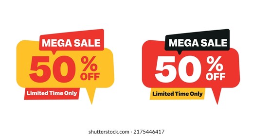 Label Template Mega Verkauf mit Button Shop jetzt. Vektorflache Illustrationen. 50 frei in der Saison. Mega Verkauf Banner in rot und gelb gefärbt.
