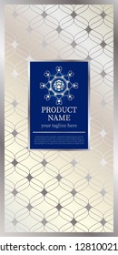 Label template on seamless background. Exquisite design for luxury product packaging. With silver frame and net. On a silver pearl shimmering isolated white background Vector