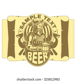 label template with a picture of a viking with a mug of beer on background of scroll in beige tones