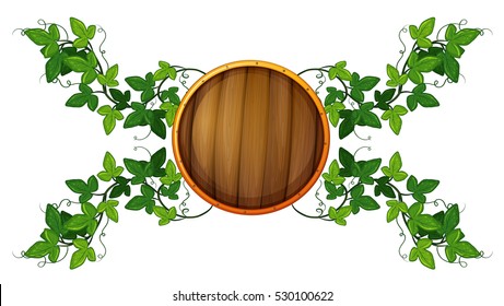 Plantilla de etiqueta con protección de madera redonda e ilustración de la vid