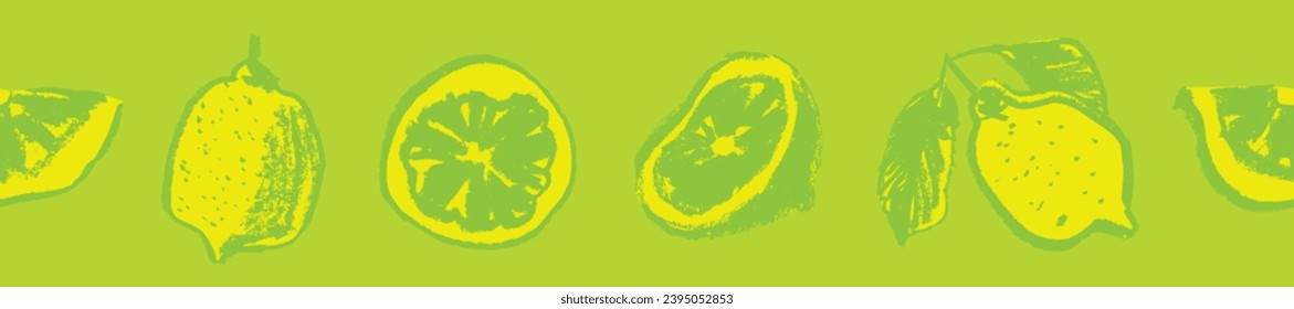 Plantilla de etiqueta con borde limón sin inconvenientes. Patrón de limones vectores. Crayon citrus dibujando en un estilo ingenuo dibujado a mano. Marco de fruta amarillo para etiqueta cosmética, placa de mermelada, pancarta vegetariana.