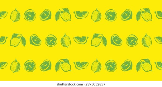 Label template with seamless lemon border. Vector lemons pattern. Crayon citrus drawing in naive hand-drawn style. Yellow fruit frame for cosmetic label, jam badge, vegetarian banner.