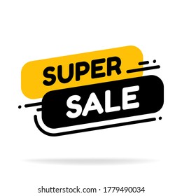 Label template super sale shop now. Vector flat illustrations. Big sale special offer. Mega sale banner in black and yellow colored.