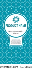 Label template with vector packaging design elements, seamless patterns for background and stickers with logo and lettering.  Vector