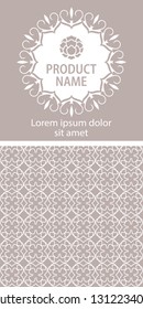 Label template with vector packaging design elements, seamless patterns for background and stickers with logo and lettering.  Vector