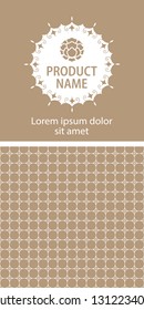 Label template with vector packaging design elements, seamless patterns for background and stickers with logo and lettering.  Vector