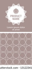 Label template with vector packaging design elements, seamless patterns for background and stickers with logo and lettering.  Vector