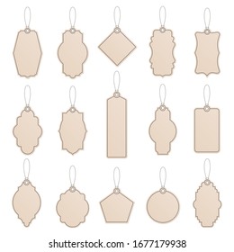 Label Template. Vintage Paper Tag Labels, Craft Price Tags, Shop Craft Label Templates, Promotion Production Templates Vector Isolated Icon Set. Illustration Hang Tag For Price Realistic With Rope