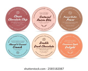 Label templates for six different cookie flavors highlighting rich ingredients like oats, chocolate, peanut butter, and coconut. Perfect for nutritious snacking.