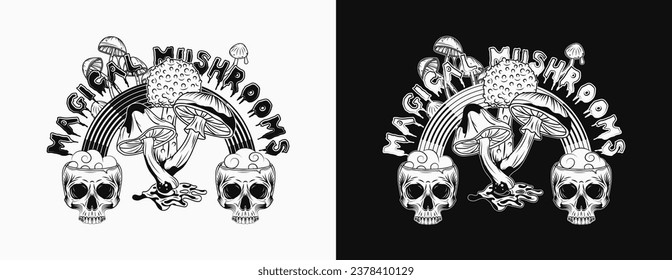 Label with text, colorful mushrooms, psychedelic rainbow, human half skull, text Magic Mushrooms. Concept of madness. Vintage style. Not AI