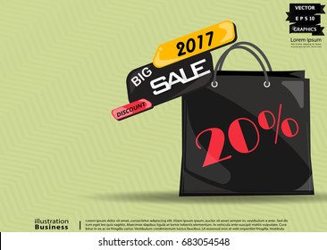 Label Text Discount Big Sale  2017 - modern Idea and Concept   Vector  illustration  Business Infographic template  with Text  20 %,shopping bags.