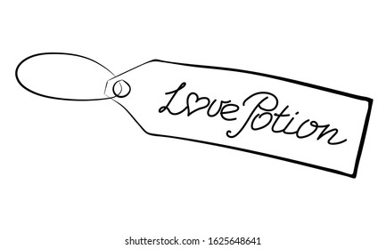 Label with the text “Love Potion”. Hand-drawn outline cartoon tag with lettering phrase. Stock vector illustration isolated on white background.