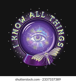Label with text, night moth, butterfly, magic crystal ball with all seeing eye and flashes inside. Glowing glass orb with light inside for clairvoyant witchcraft. Prediction, occult, mystical concept.