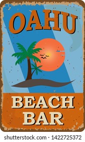 label with the text Oahu beach bar, Paradise island, vector illustration.