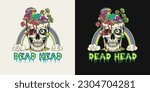 Label with text, psychedelic rainbow, human skull without top like cup, bowl, vase full of fantasy mushrooms, text Dead Head. Crazy mad skull with single eye and growing through skull mushrooms.