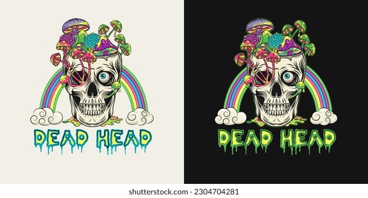 Label with text, psychedelic rainbow, human skull without top like cup, bowl, vase full of fantasy mushrooms, text Dead Head. Crazy mad skull with single eye and growing through skull mushrooms.