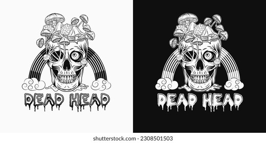 Label with text, psychedelic rainbow, human skull without top like cup, bowl, vase full of fantasy mushrooms, text Dead Head. Crazy mad skull with single eye and growing through skull mushrooms.