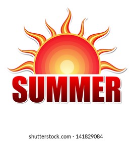 label with text summer and drawn sun in yellow red gradient, isolated, vector