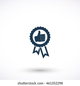 Label with thumb up vector icon. Graphic symbol for web design, logo. Isolated sign on a white background.