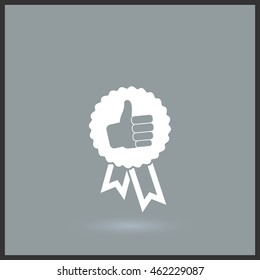 Label with thumb up vector icon. Graphic symbol for web design, logo. Isolated sign on a gray background.