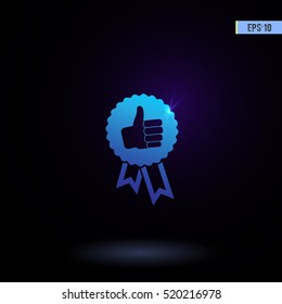 Label with thumb up vector icon. Graphic symbol for web design, logo. Isolated sign on a black background.