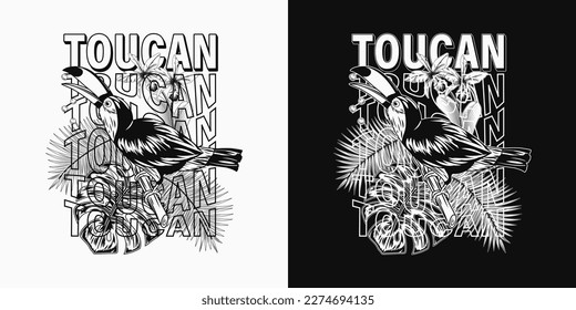 Etikett mit Toucan Vogel, tropisches Laub, verzerrte Typografie mit dem Wort Toucan. Vögel, die auf einem Baum-Ast sitzen und Samen essen. Detaillierte Illustration für Drucke, Kleidung, T-Shirt-Design