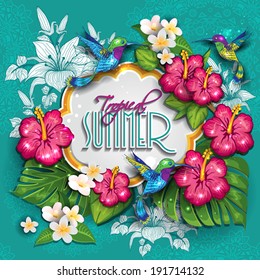 Label with  tropical floral useful for the summer. The writing can be removed- editable-transparency blending effects and gradient mesh-EPS 10.