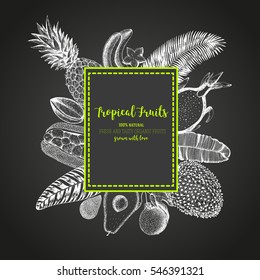 Label with tropical fruits. Vintage vector illustration. Exotic fruits hand-drawn sketch.