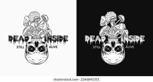 Label with turned upside down half skull, bunch of mushrooms, slimy text Dead Inside. Psychedlic style. For clothing, apparel, T-shirts, surface decoration. Vintage style illustration