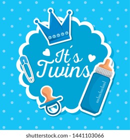 label of twins celebration with pacifier and feeding bottle