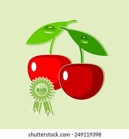 label. Two cherries and an emblem a flower with the word bio