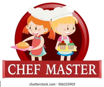 Label with two junior chefs illustration