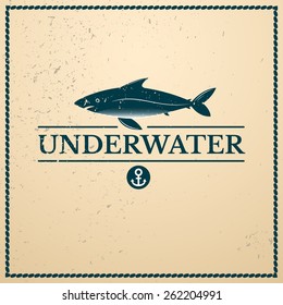Label underwater fish, large shark with lettering design
