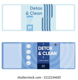 Label vector design for gummies detox and clean. Blue packaging for a jar with dietary supplement.