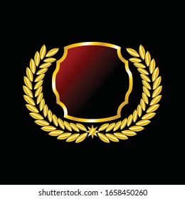 Label vector icon set gold color on black background. Ribbon isolated shapes illustration of gift and accessory. Christmas sticker and decoration for app and web. Banner, badge and borders collection.