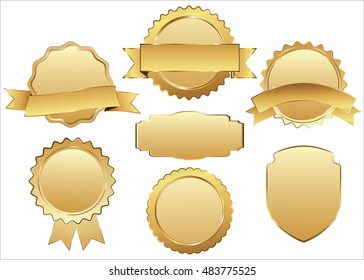 Label vector icon set gold color on white background. Ribbon isolated shapes illustration of gift and accessory. Christmas sticker and decoration for app and web. Banner, badge and borders collection.
