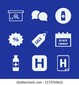label vector icons set. with black friday calendar, discount tag, hospital sign and pack milk in set