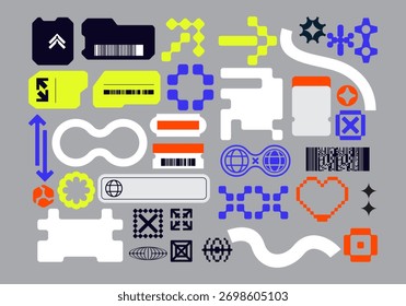 Label vector symbol asset element retro futuristic collection set bundle sticker y2k clip art editable