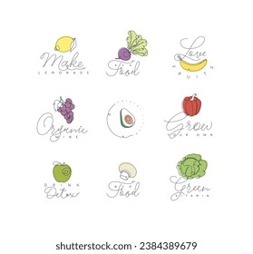 Label vegetables and fruits lemon, beet, banana, grapes, avocado, pepper, apple, champignon, cabbage with text drawing with color in linear style on white background