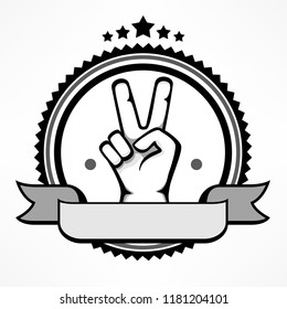 Label with victory gestures of human hands isolated on white. Flat. Vector illustration.