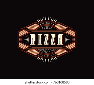 Label with vintage frame for logo, emblem, sticker design. Cover box for pizza. Color print on black background