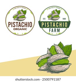 A label vintage logo for an organic pistachio farm, featuring classic typography, earthy tones, and a rustic design. The logo reflects authenticity, nature, and the farm's commitment to quality.