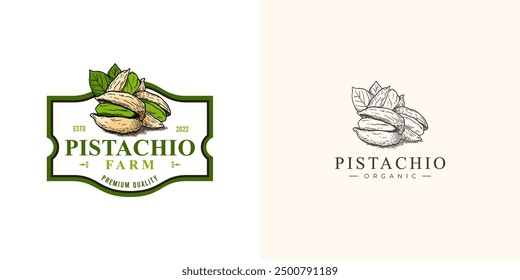 Ein Label-Vintage-Logo für eine Bio-Pistazienfarm, mit klassischer Typografie, erdigen Tönen und einem rustikalen Design. Das Logo spiegelt die Authentizität, die Natur und das Qualitätsbewusstsein des Bauernhofs wider.