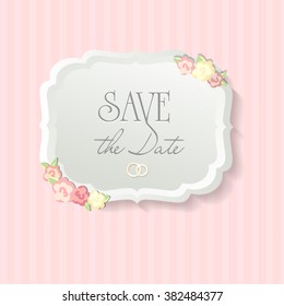 label in vintage style. save the date sticker isolated on pink background. pink roses